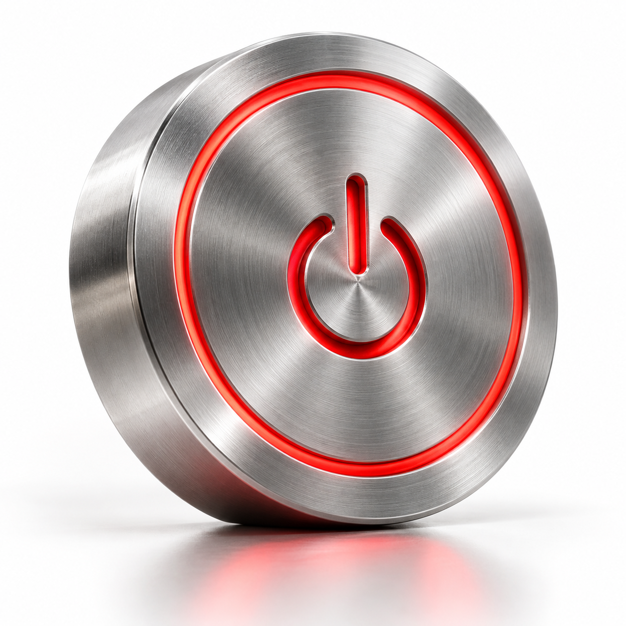 Brushed aluminium power button illuminated in red